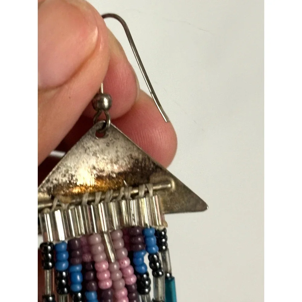 Vintage Southwestern Beaded Fringe Dangle Earrings Blue Glass‎ Tube Beads